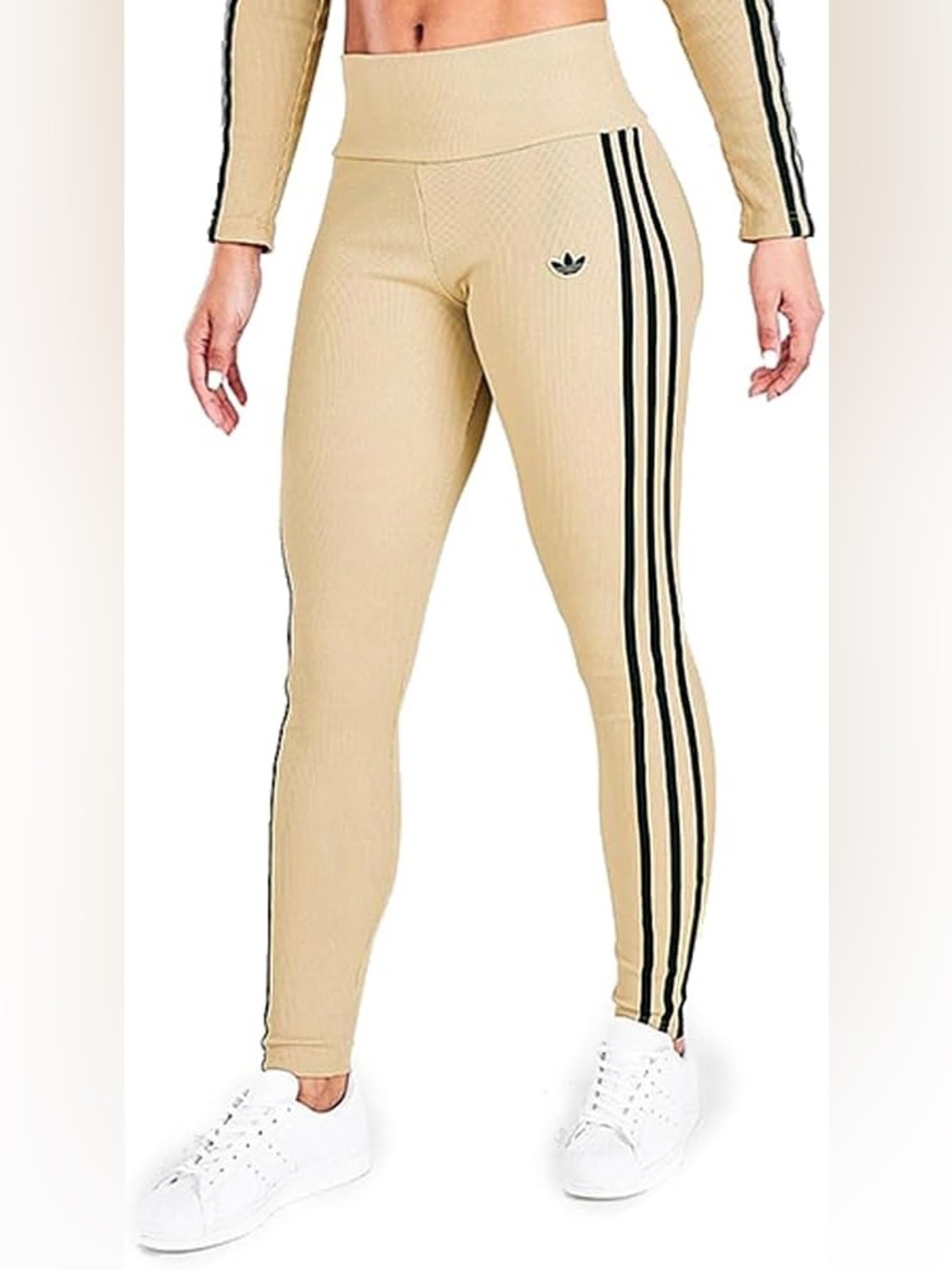 adidas Beige High-Rise 3-Stripe Leggings